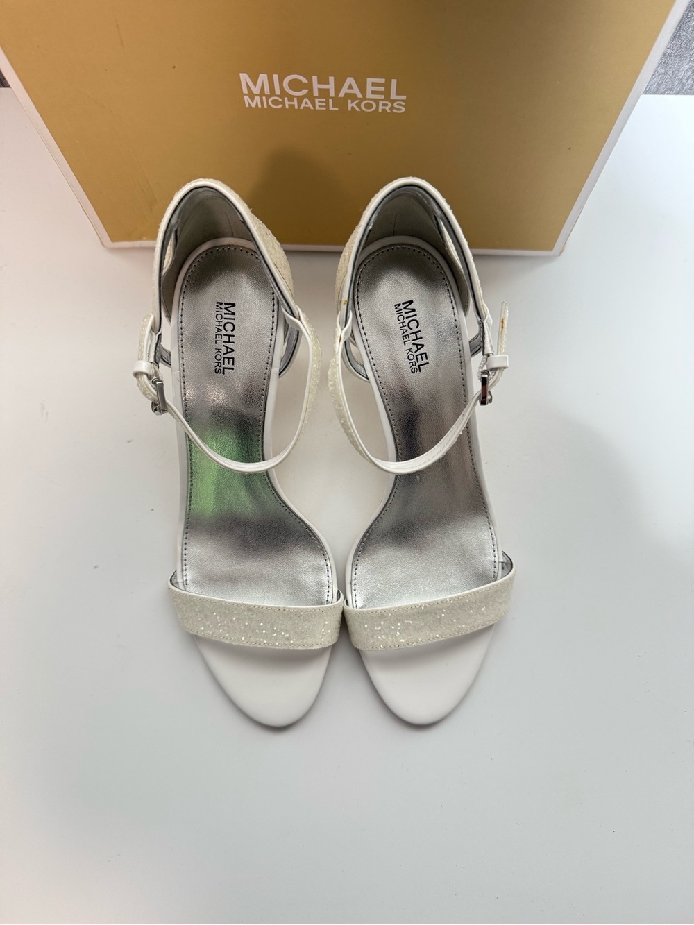 Michael Kors White Glitter Strap Ankle-Heel Sandals